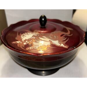 Vtg Hand Painted Wooden Lacquered Lidded Jar Dragon? Bowl Black Red 3.5x7”